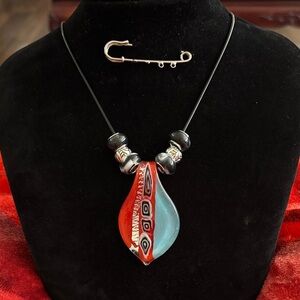 Handmade Glass Pendant Necklace - Red and Blue